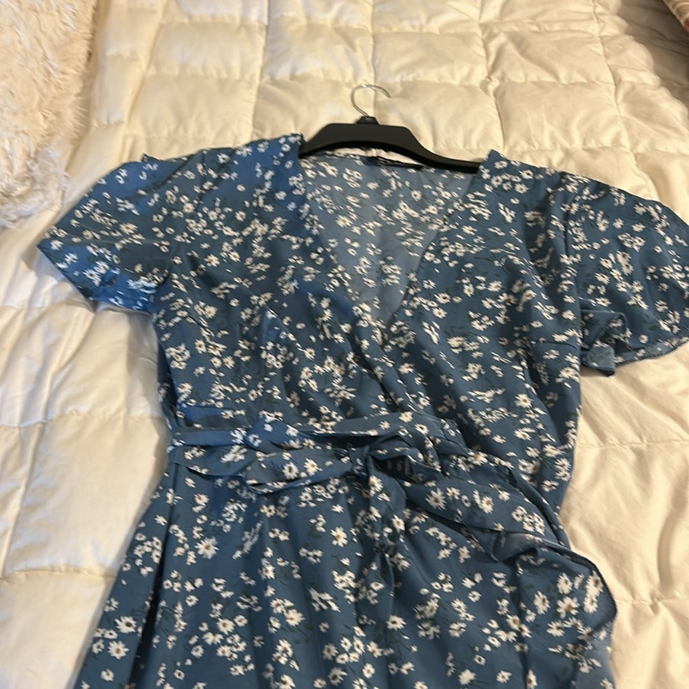 Simple Blue Floral Wrap Dress